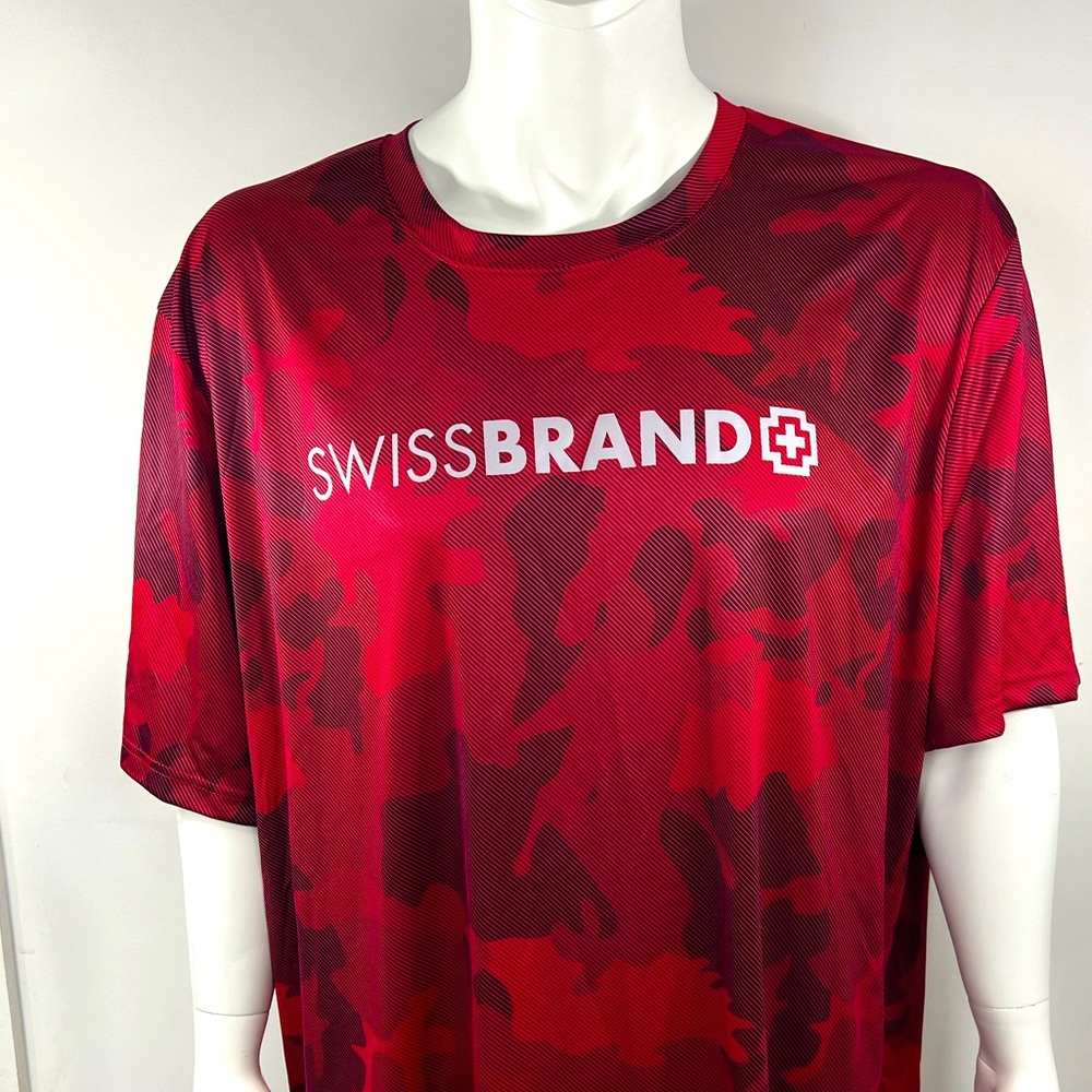 SWISS BRAND JERSEY STYLE T-SHIRT, RED & BLACK, 100% POLYESTER, MEN’S, XXL